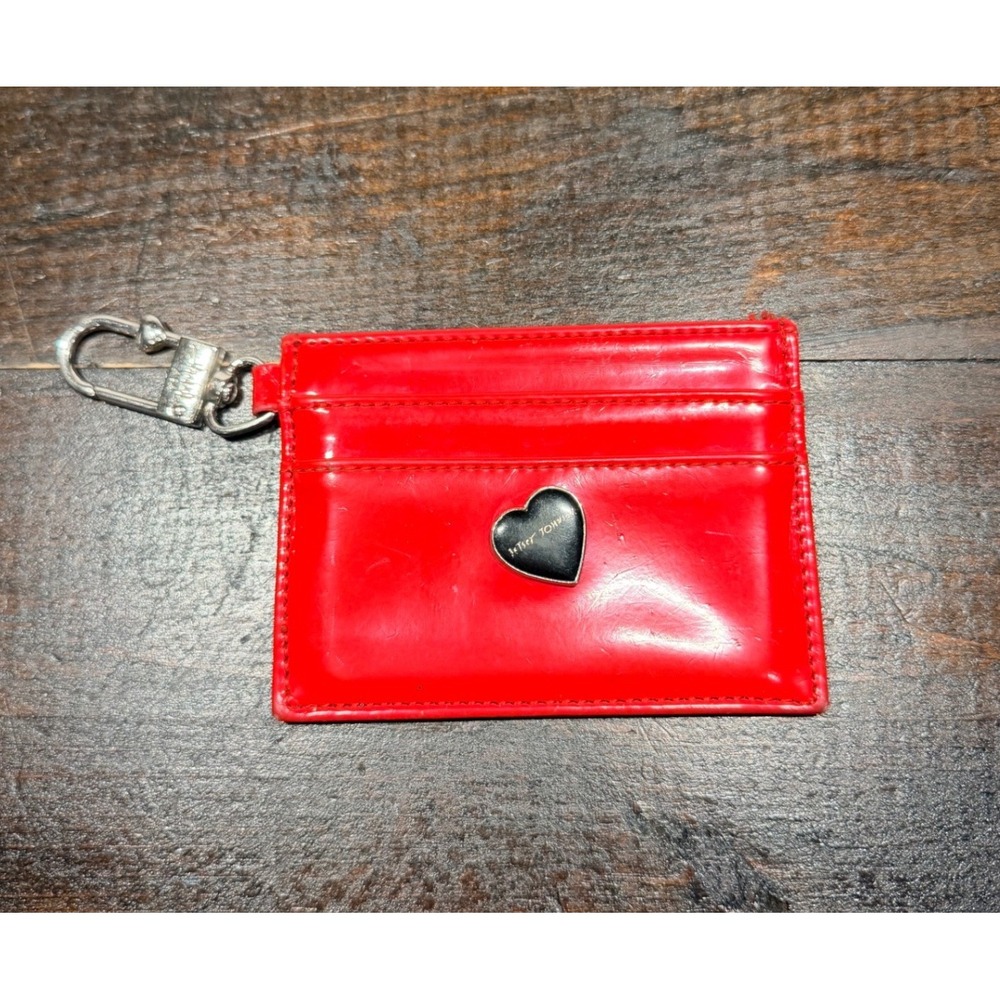 Betsey Johnson Red Patent Card Holder Wallet Keychain ID Window Heart Logo